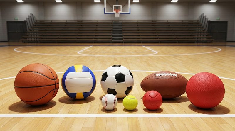 体育館の床に並んだ様々な素材・競技の公式球