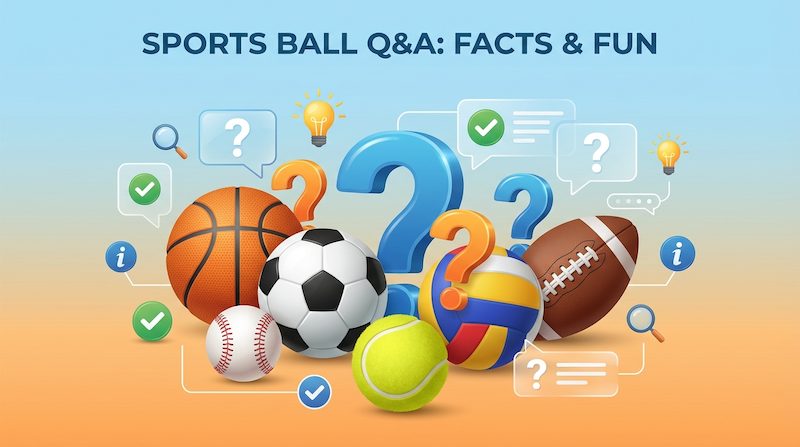 スポーツボールに関する疑問を解決する、Q&Aアイコンとボールのグラフィック画像