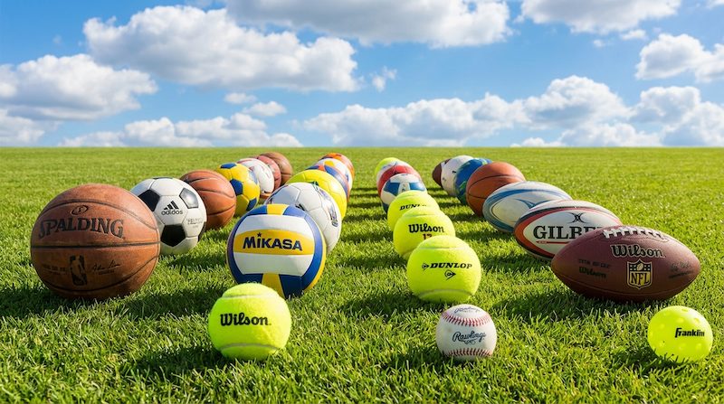 様々なメーカーのボールが青空の下に並んでいる爽やかな情景画像